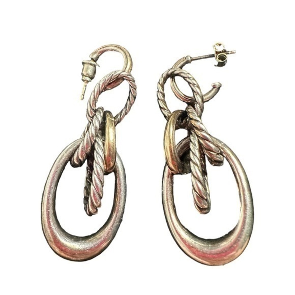 David Yurman Sterling Silver 18K Gold Cable Drop Earrings Two Tone Authentic